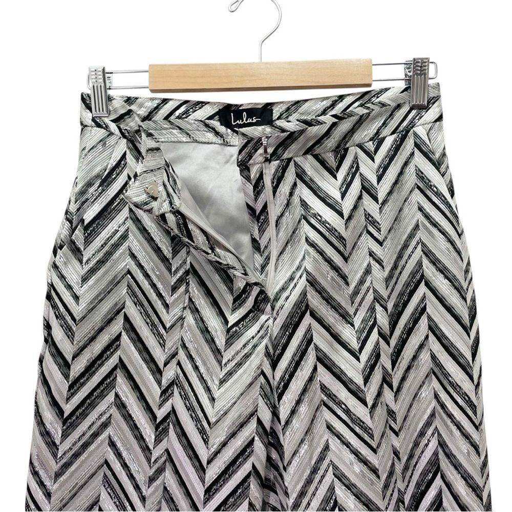 Lulus Creative Thinking Pants M Silver Black Metallic Chevron High Rise Ankle - Picture 6 of 16
